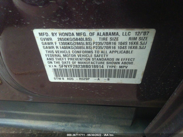 2008 HONDA PILOT VP VIN: 5FNYF28238B018914