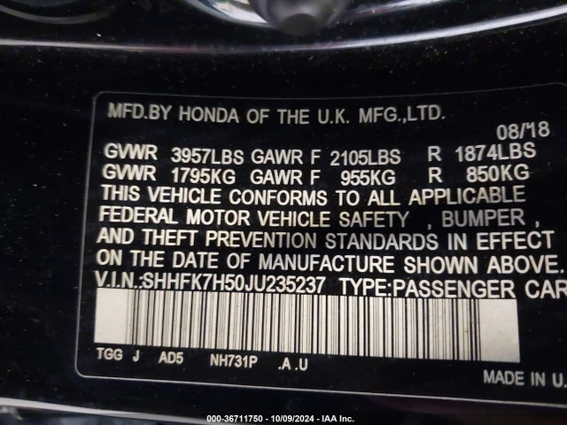 Honda CIVIC EX 2018 SHHFK7H50JU235237 Image 9