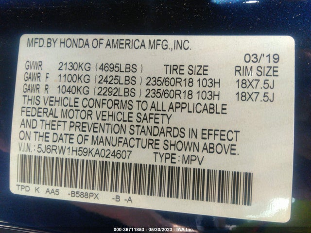Honda CR-V EX 2019 5J6RW1H59KA024607 Image 9