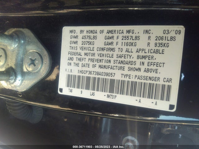 2009 HONDA ACCORD SDN EX VIN: 1HGCP36739A039057