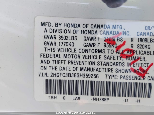 2016 HONDA CIVIC COUPE EX-T VIN: 2HGFC3B36GH359256