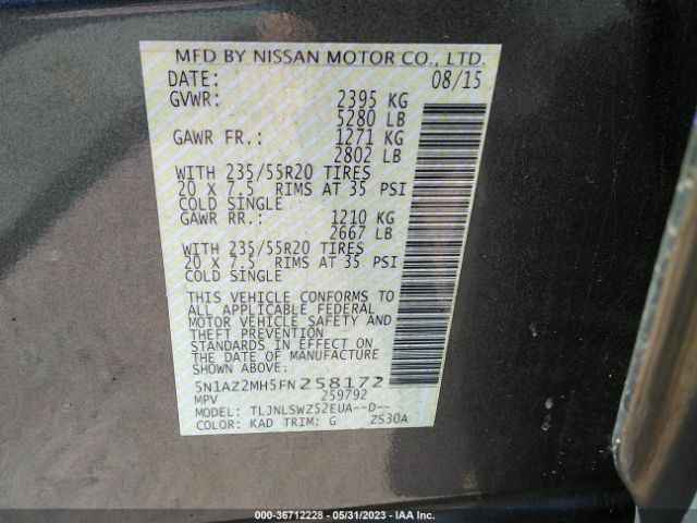 5N1AZ2MH5FN258172 Nissan Murano Platinum