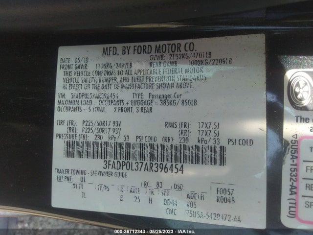 2010 FORD FUSION HYBRID VIN: 3FADP0L37AR396454