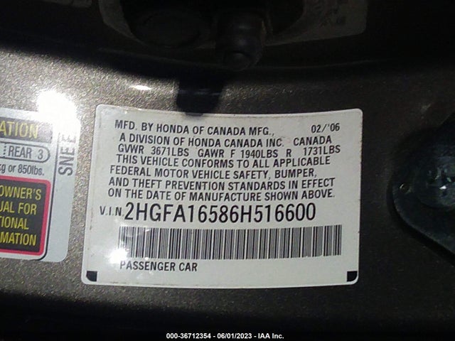 2006 HONDA CIVIC SDN LX VIN: 2HGFA16586H516600