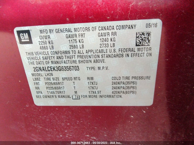Chevrolet EQUINOX LT 2016 2GNALCEK3G6356703 Image 9