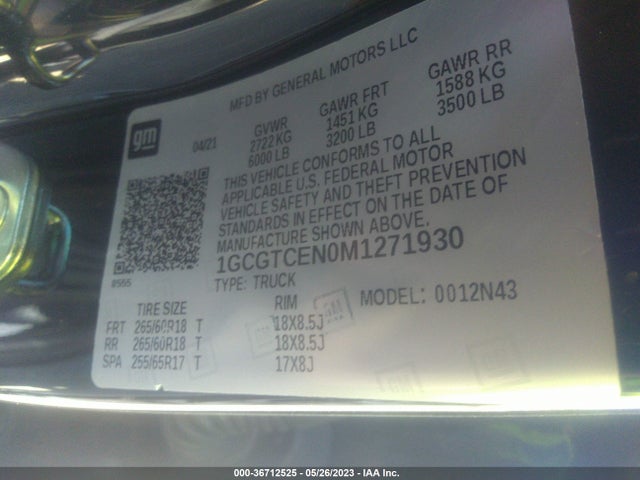 2021 CHEVROLET COLORADO 4WD LT VIN: 1GCGTCEN0M1271930