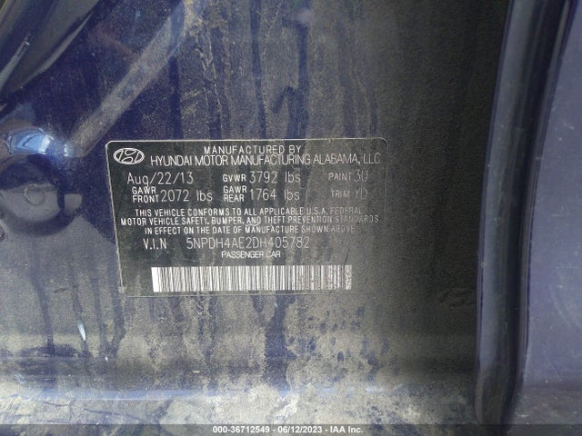 2013 HYUNDAI ELANTRA LIMITED PZEV VIN: 5NPDH4AE2DH405782