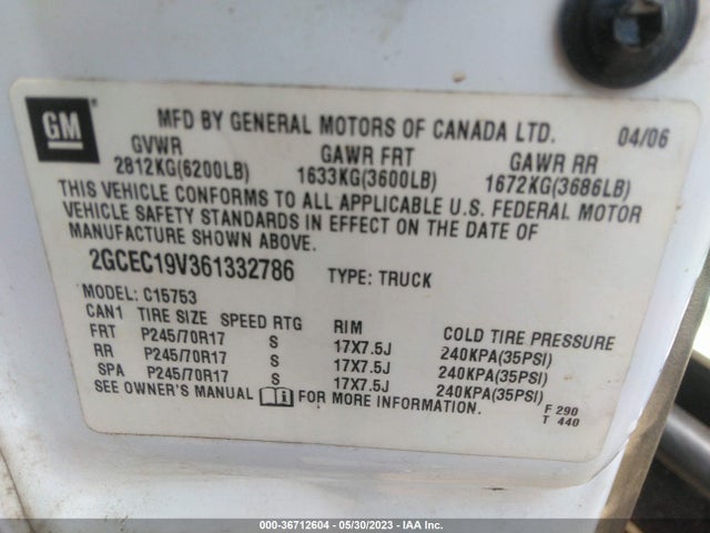 2006 CHEVROLET SILVERADO 1500 LT1 VIN: 2GCEC19V361332786