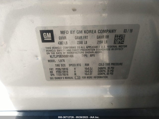 Chevrolet Trax Lt 2019 KL7CJPSB2KB881466 Image 10