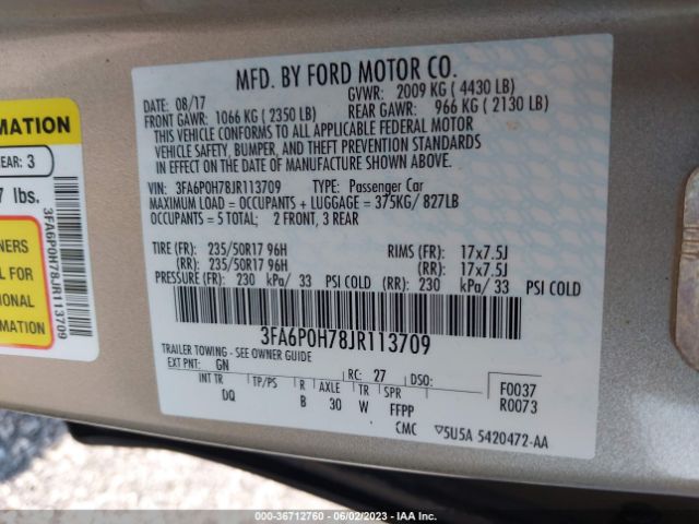 2018 FORD FUSION 3FA6P0H78JR113709 Photo 8
