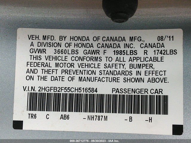 2012 HONDA CIVIC SDN LX VIN: 2HGFB2F55CH516584