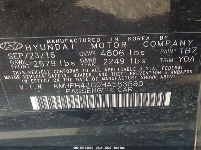 2017 Hyundai Azera, VIN: KMHFH4JG9HA583580
