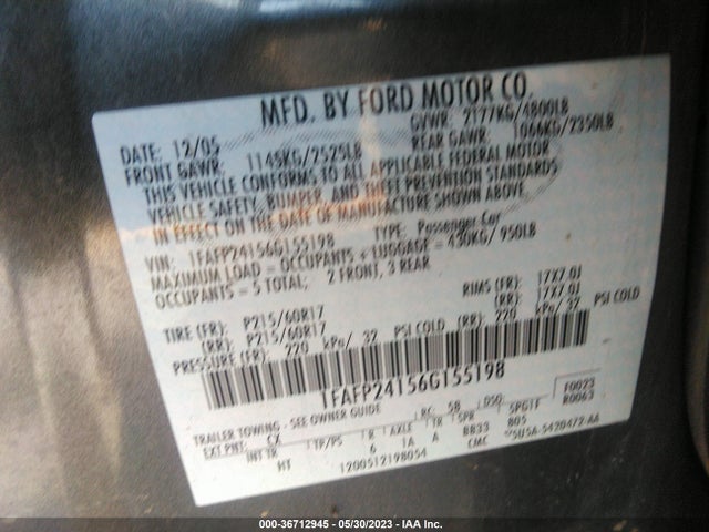 2006 FORD FIVE HUNDRED SEL VIN: 1FAFP24156G155198