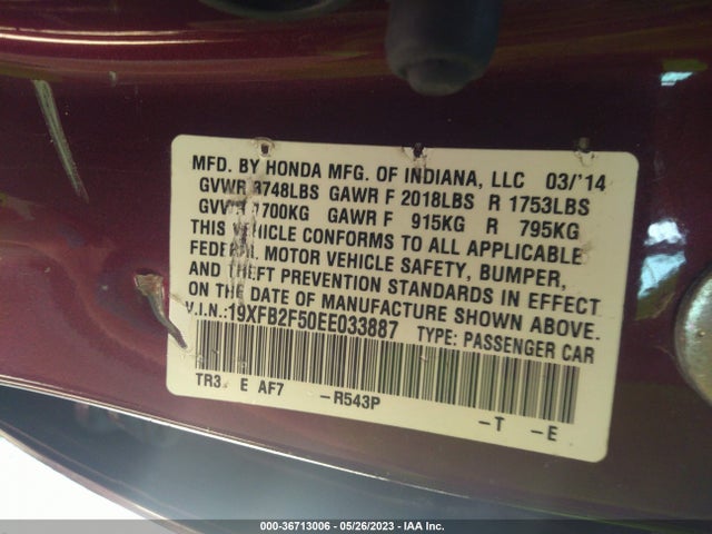 Honda Civic Sedan Lx 2014 19XFB2F50EE033887 Image 9