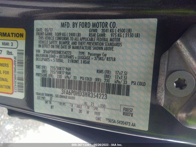 Ford FUSION SE 2017 3FA6P0HD3HR354223 Image 10