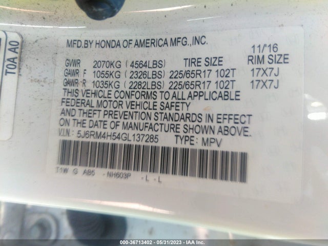 Honda CR-V EX 2016 5J6RM4H54GL137285 Image 9