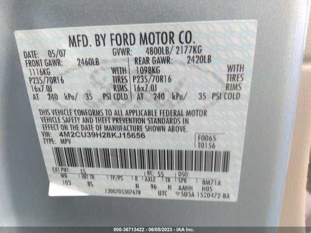 2008 MERCURY MARINER VIN: 4M2CU39H28KJ15656