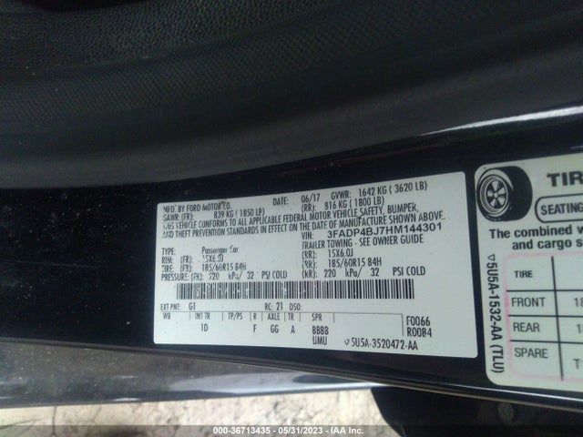 2017 FORD FIESTA SE VIN: 3FADP4BJ7HM144301