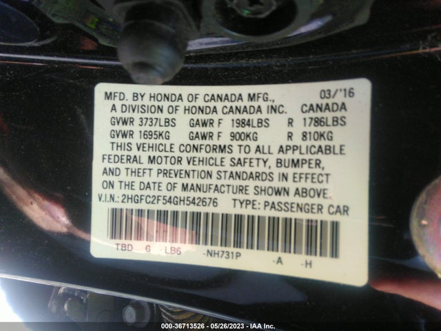 2016 HONDA CIVIC SEDAN LX VIN: 2HGFC2F54GH542676
