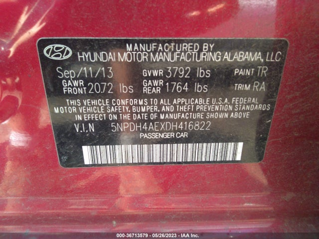2013 HYUNDAI ELANTRA GLS VIN: 5NPDH4AEXDH416822