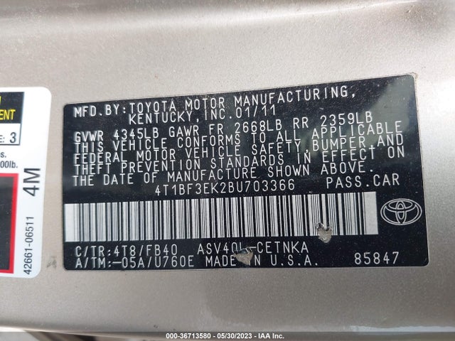 2011 TOYOTA CAMRY VIN: 4T1BF3EK2BU703366