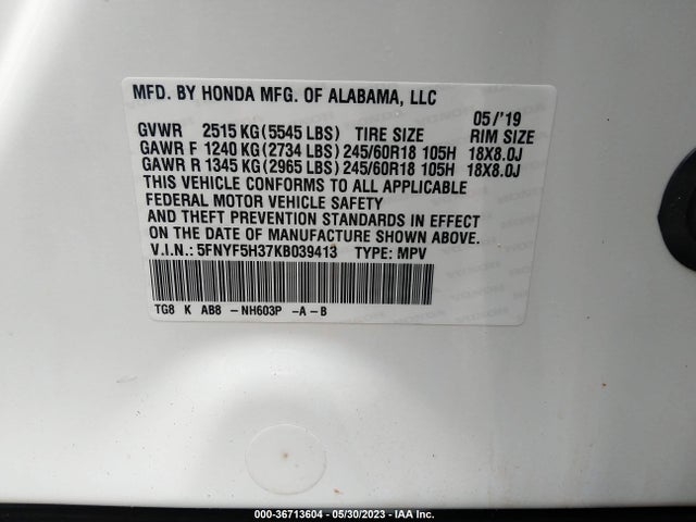Honda Pilot Ex 2019 5FNYF5H37KB039413 Image 9