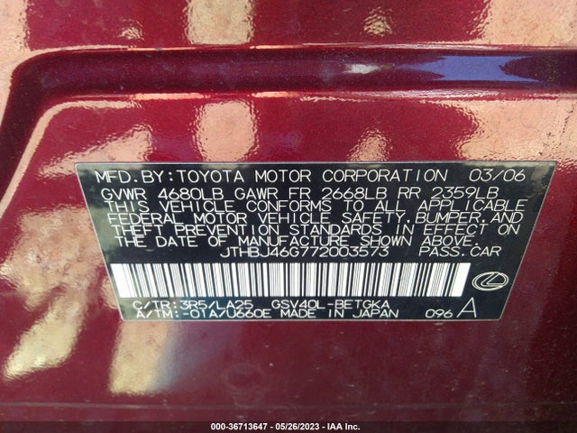 2007 LEXUS ES 350 VIN: JTHBJ46G772003573