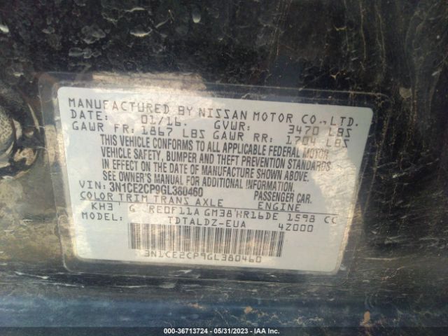 3N1CE2CP9GL380460 Nissan Versa Note S/s Plus/sv/sr/sl