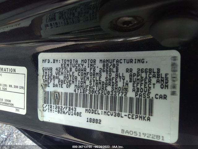 2002 TOYOTA CAMRY XLE/LE/SE VIN: 4T1BF30K52U033772