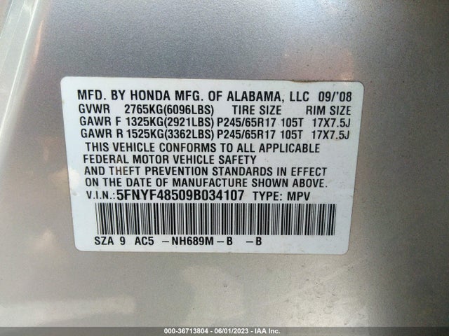 2009 HONDA PILOT EX-L VIN: 5FNYF48509B034107