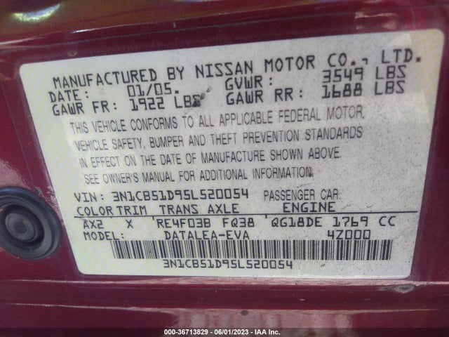 2005 NISSAN SENTRA 1.8 S VIN: 3N1CB51D95L520054