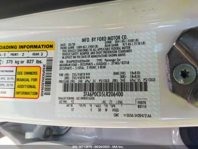 2020 FORD FUSION SEL VIN: 3FA6P0CD5LR206400