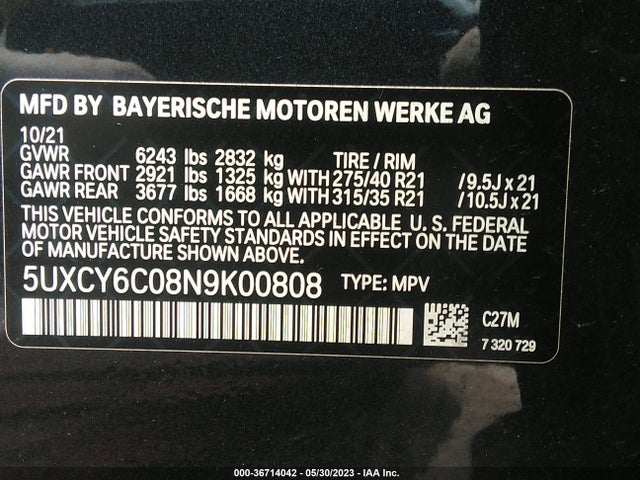 2022 BMW X6, VIN: 5UXCY6C08N9K00808