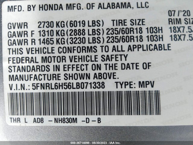 2020 HONDA ODYSSEY EX VIN: 5FNRL6H56LB071338