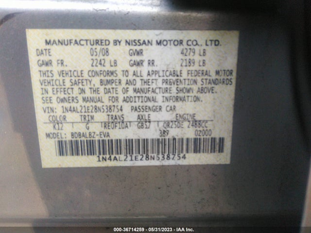 2008 NISSAN ALTIMA 2.5 SL VIN: 1N4AL21E28N538754