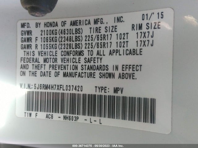 Honda Cr-v Ex-l 2015 5J6RM4H7XFL037420 Image 9