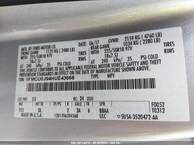 2017 FORD ESCAPE TITANIUM VIN: 1FMCU0J94HUE43668