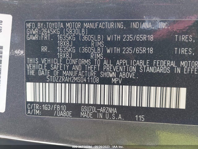 Toyota Highlander L/le 2021 5TDZZRAH2MS041108 Image 11
