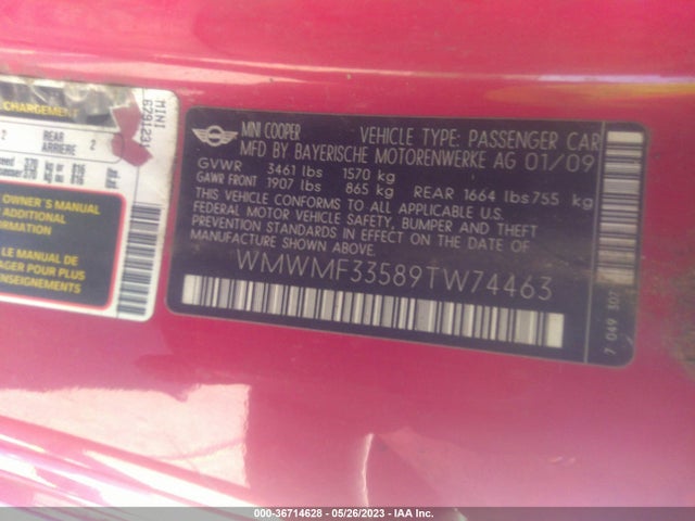 2009 MINI COOPER HARDTOP VIN: WMWMF33589TW74463