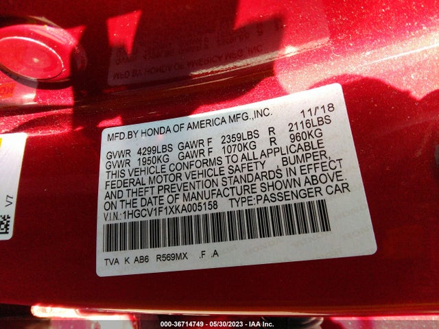 Honda ACCORD LX 2019 1HGCV1F1XKA005158 Image 9
