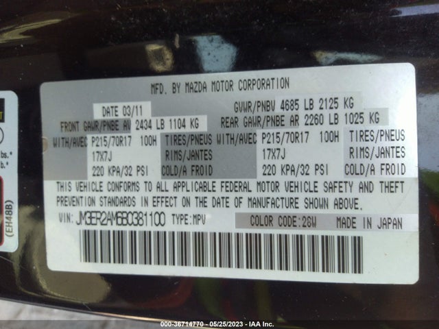 2011 MAZDA CX-7 I SV VIN: JM3ER2AM6B0381100