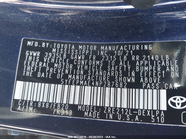 2022 TOYOTA COROLLA LE VIN: 5YFEPMAE4NP287682