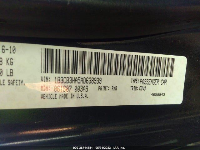 2010 DODGE CALIBER MAINSTREET VIN: 1B3CB3HA5AD638939
