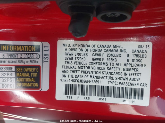 Honda Civic Coupe Ex 2015 2HGFG3B86FH526911 Image 10