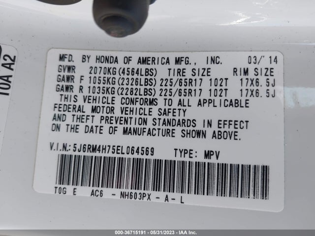 Honda Cr-v Ex-l 2014 5J6RM4H75EL064569 Image 9