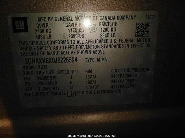 Chevrolet EQUINOX LT 2018 2GNAXKEX8J6226594 Image 9