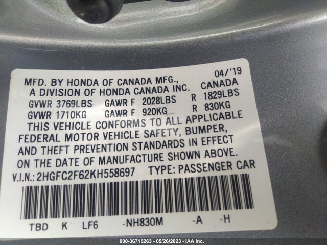 Honda k20c2 2019 2HGFC2F62KH558697 Image 22
