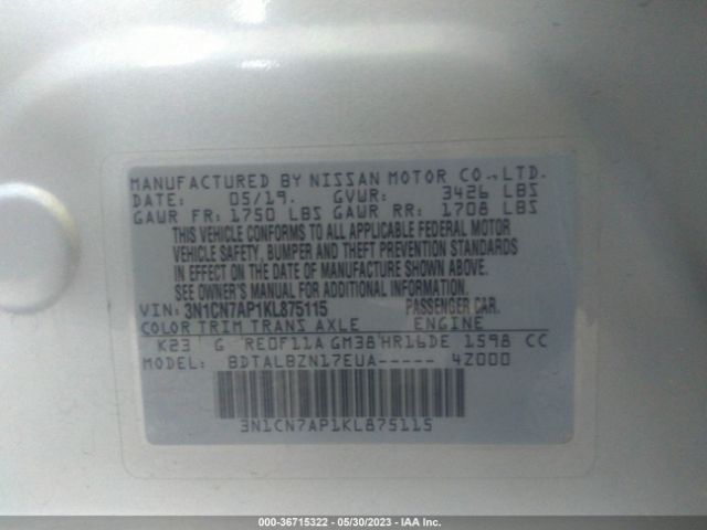 3N1CN7AP1KL875115 Nissan Versa Sedan Sv