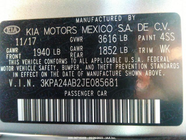 3KPA24AB2JE085681 KIA RIO S