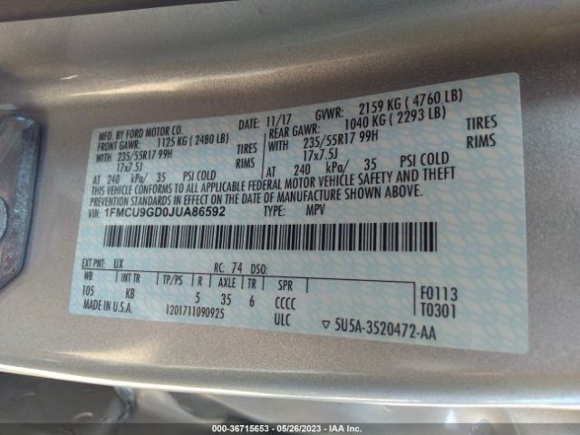 1FMCU9GD0JUA86592 Ford ESCAPE SE